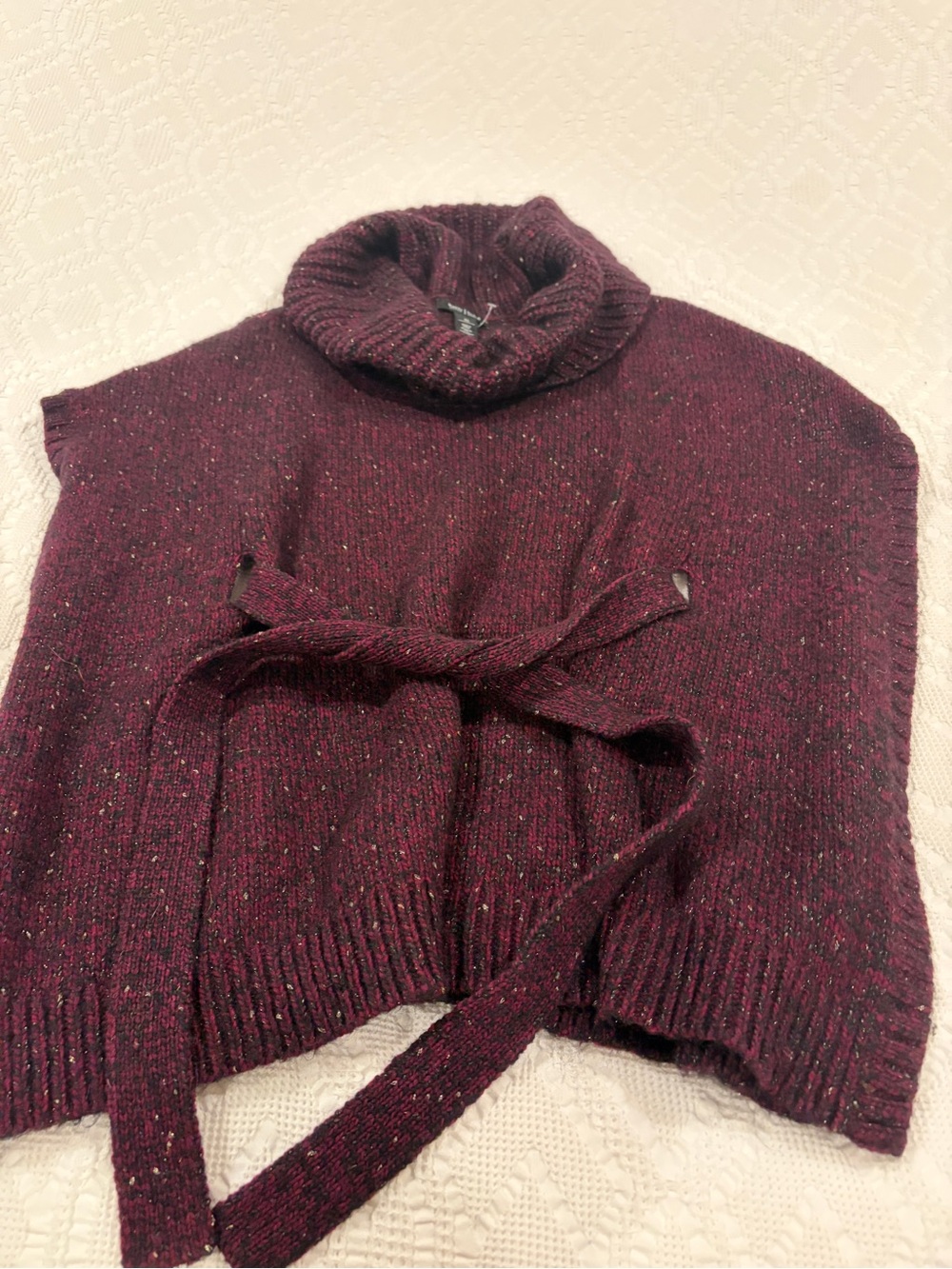 White House Black Market Maroon Metallic Cowlneck Tie-Waist Poncho Sweater